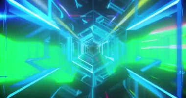 Mavi neon şekillerin ışık yollarının üzerinde kusursuz bir döngü içinde hareket etmesinin animasyonu. Soyut, renkli ve hareketli dijital video konsepti.