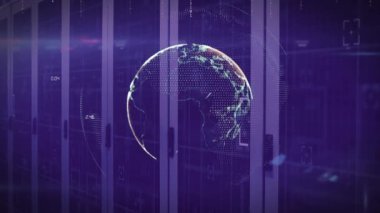 Bilgisayar sunucuları üzerinden veri işleme ve bağlantıları olan dünyanın animasyonu. Küresel ağlar, dijital arayüz, veri işleme ve bağlantılar konsepti dijital olarak oluşturuldu.