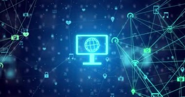 Simgeli ve veri işlemeli kürenin animasyonu. Küresel ağlar, dijital arayüz, veri işleme ve bağlantılar konsepti dijital olarak oluşturuldu.