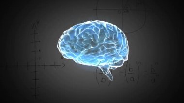 Matematiksel denklemlerin ve diyagramların animasyonu siyah zemin üzerinde aydınlatılmış insan beyni üzerinde. Dijital olarak üretilen hologram, formüller, anatomi, yapay zeka ve teknoloji konsepti.