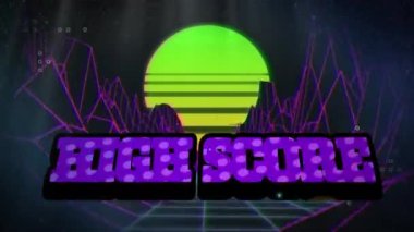 Meta arkaplan üzerinde yüksek skorlu metin animasyonu. Video oyunu, eğlence ve iletişim konsepti dijital olarak oluşturuldu.