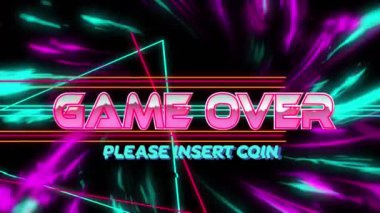 Yeşil ve mor dijital dalgalara karşı metin pankartı üzerinden oyun üzerindeki hata efektinin animasyonu. Video oyunu arayüzü teknolojisi kavramı