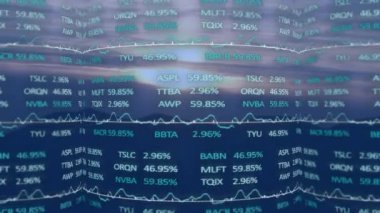 Veri işleme ve peyzaj üzerindeki borsa animasyonları. Küresel iş ve dijital arayüz kavramı dijital olarak oluşturulmuş video.
