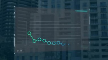 Animation of financial data processing over cityscape. Global business, finances, computing and data processing concept digitally generated video.