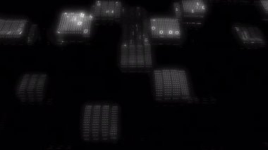 İkili kodlama animasyonu ve siyah arkaplan üzerindeki noktalar. Küresel bilim ve dijital arayüz kavramı dijital olarak oluşturulmuş video.