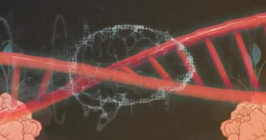 DNA yapısı ve insan beyni ikonu ve çiçek tasarımı üzerindeki dijital dalganın animasyonu. Tıbbi araştırma ve bilim teknolojisi kavramı