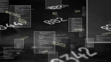 Siyah arkaplandaki sayılar üzerinden veri işleme animasyonu. Küresel iş, finans ve dijital arayüz kavramı dijital olarak oluşturulmuş video.