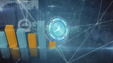 İşleyen saatin, grafiklerin, bağlantıların ve mavi arkaplandaki veri işleme ağının animasyonu. Bilgisayar arayüzü ve iş veri teknolojisi kavramı