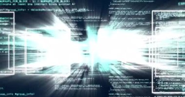 Karanlık arka planda bilgisayar veri işleme animasyonu. Dijital olarak oluşturulmuş küresel bilgisayar ve veri işleme kavramı.