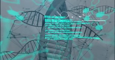 Gri arka planda yüzen veri işleme, DNA ve kimyasal yapıların animasyonu. Tıbbi araştırma ve bilim teknolojisi kavramı