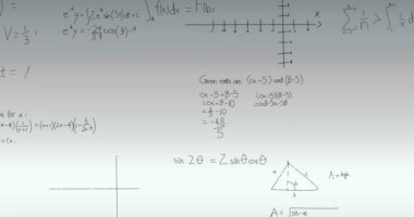 Gri arkaplanda matematiksel veri işleme animasyonu. Bilim, öğrenme ve veri işleme kavramı dijital olarak oluşturulmuş video.