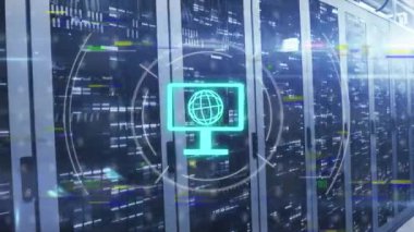 Bilgisayar sunucuları üzerinde ikonlar ve veri işleme ile dünyanın animasyonu. Küresel ağlar, dijital arayüz, veri işleme ve bağlantılar konsepti dijital olarak oluşturuldu.