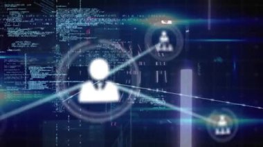 Mavi arkaplan karşısında profil simgelerinin, veri işleme ağının ve ışık noktalarının animasyonu. Küresel ağ ve iş teknolojisi kavramı