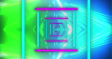 Mavi ve mor neon şekilli animasyonlar ışık yollarının üzerinde kusursuz bir döngü içinde hareket ediyorlar. Soyut, renkli ve hareketli dijital video konsepti.