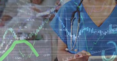 Hastanede dijital tablet kullanan beyaz kadın doktorların finansal veri işleme animasyonları. Küresel finans ve tıbbi sağlık teknolojisi kavramı