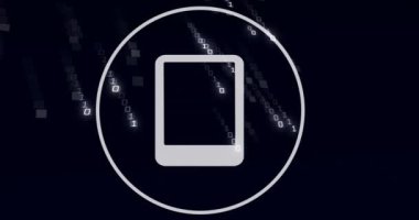 Dijital akıllı telefon simgesi, ikili kodlama ve veri işleme animasyonu. Küresel ağlar, dijital arayüz, veri işleme ve bağlantılar konsepti dijital olarak oluşturuldu.