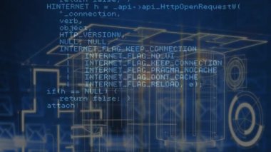 Dijital simgeler ve dürbünler üzerinden veri işleme animasyonu. Dijital olarak oluşturulmuş küresel bilgisayar ve veri işleme kavramı.