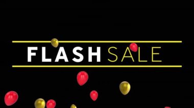 Siyah arka planda flaş satışı metni ve balonların canlandırması. Perakende, alışveriş ve dijital arayüz kavramı dijital olarak oluşturuldu.