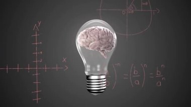 Soyut arkaplan üzerinde matematiksel denklemler ve diyagramlar üzerinde insan beyninin ampuldeki animasyonu. Dijital olarak üretilen hologram, formüller, fikirler, anatomi, yapay zeka ve teknoloji.