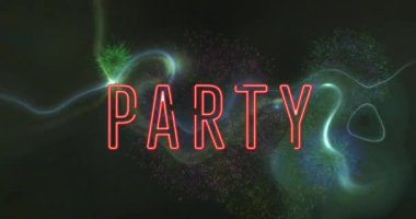 Şekiller ve havai fişekler üzerine parti metninin animasyonu. Parti, kutlama ve dijital arayüz kavramı dijital olarak oluşturuldu.