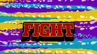 Sarı arka planda soyut kalıplar üzerinden dövüş metninin animasyonu. Dijital olarak üretilmiş, hologram, video oyunu, atari salonu, çizgi film, çok renkli ve teknoloji konsepti.