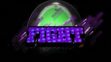 Dövüş metninin ve mor ışık izlerinin animasyonu bir spor stadyumunun havadan görüntüsüne karşı. Video oyunu ve spor teknolojisi kavramı