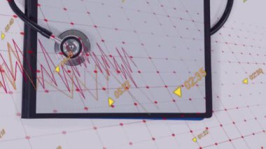Stetoskop ve boş kağıt ile veri işleme animasyonu. Tıbbi sağlık ve araştırma teknolojisi kavramı