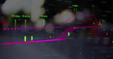 Şehir trafiğine karşı finansal veri işleme ve iş konsepti metinlerinin animasyonu. Küresel ağ ve iş teknolojisi kavramı