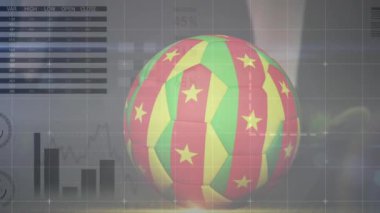 Veri işleme ve futbolcunun tekmelenmesi üzerine fotoğraf makinesi bayrağıyla futbol animasyonu. Küresel spor ve dijital arayüz kavramı dijital olarak oluşturulmuş video.