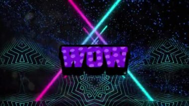 Parlayan ışık izlerine ve dijital dalgalara karşı retro konuşma baloncuğunun üzerinde wow metin afişi. Video oyunu arayüzü teknolojisi kavramı