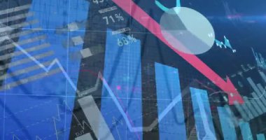 Mavi arka planda istatistiksel veri işleme animasyonu. Bilgisayar arayüzü ve iş veri teknolojisi kavramı