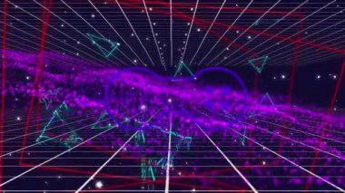 Mor dijital dalgaya karşı video oyunu kontrol simgesi ve üçgen şekillerinin animasyonu. Video oyunu arayüzü teknolojisi kavramı