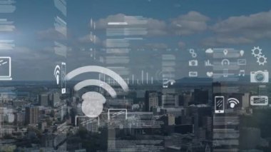 Şehir dışında veri işleme ve borsa animasyonları. Küresel iş ve dijital arayüz kavramı dijital olarak oluşturulmuş video.