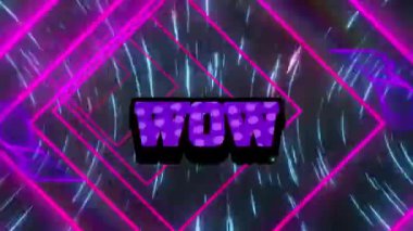 Konsantre kareler ve dijital dalgalara karşı retro konuşma baloncuğu üzerinde wow metin pankartı animasyonu. Video oyunu arayüzü teknolojisi kavramı