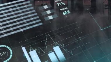 Şebeke üzerinde istatistik ve veri işleme animasyonu. Küresel hesaplama, dijital arayüz ve veri işleme kavramı dijital olarak oluşturulmuş video.