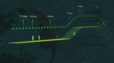 Siyah arkaplanda veri işleme ve küre animasyonu. küresel iş ve dijital arayüz kavramı dijital olarak oluşturulmuş video.