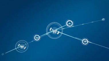 Animation of network of connections with icons over blue background. Global networks, business, finances, computing and data processing concept digitally generated video.