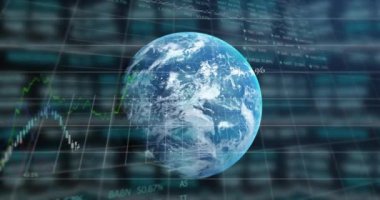 Animation of financial data processing over globe. Global business, finances, computing and data processing concept digitally generated video.