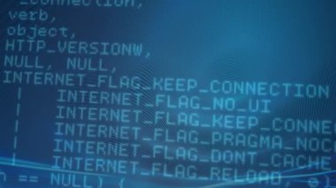 Mavi arkaplanda veri işleme animasyonu. Dijital olarak oluşturulmuş küresel bilgisayar ve veri işleme kavramı.