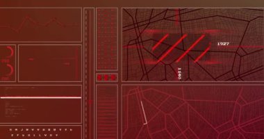 Karanlık arka planda dijital haritalar ve bilgisayar veri işleme animasyonları. Dijital olarak oluşturulmuş küresel bilgisayar ve veri işleme kavramı.