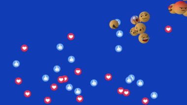 Mavi arka planda daireler çizerek yüzen ikon üzerinde 3D simge animasyonu. Dijital olarak üretilen hologram, illüstrasyon, emojiler, aşk, sosyal medya, soyut ve teknoloji kavramı..