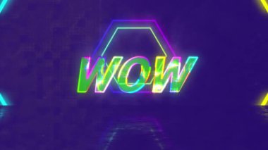 Eflatun arkaplandaki neon deseni yerine wow metninin animasyonu. Video oyunu, eğlence ve iletişim konsepti dijital olarak oluşturuldu.