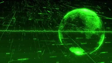 Siyah arkaplanda veri işleme üzerinde hareket eden yeşil noktaların ve kürenin animasyonu. Küresel bilim ve dijital arayüz kavramı dijital olarak oluşturulmuş video.
