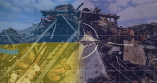 在数据处理和垃圾堆上制作乌克兰国旗和北约旗的动画 全球商业 爱国主义和数字视频接口概念 — 图库视频影像