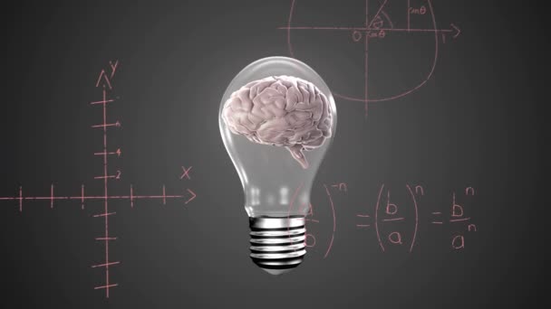在抽象背景下 人类大脑通过数学方程和图表在灯泡中的动画 数字生成的全息图 解剖学 人工智能和技术 — 图库视频影像