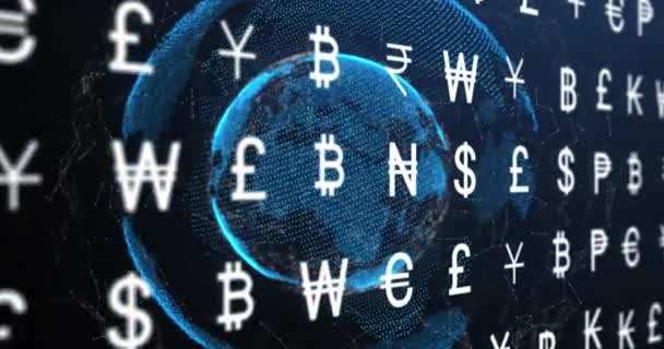 Animação Vários Símbolos Moeda Sobre Rede Conexões Globo Fundo Azul — Vídeo de Stock