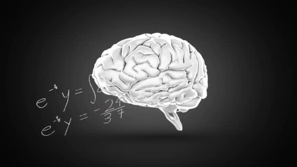 数学的方程式に対する人間の脳のアニメーションと黒の背景に対する図 デジタル生成 ホログラム 解剖学 人工知能と技術の概念 — ストック動画
