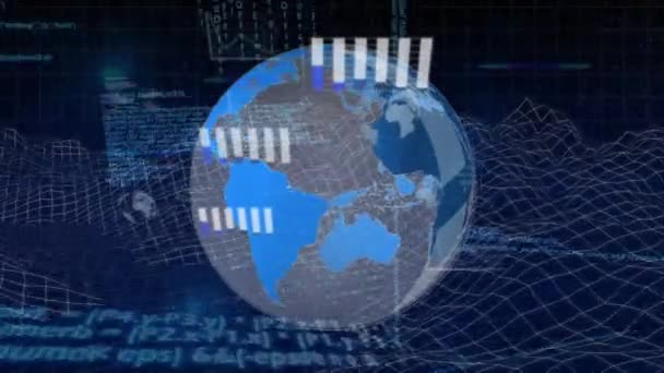 Animación Procesamiento Datos Globo Sobre Formas Concepto Negocio Global Interfaz — Vídeos de Stock