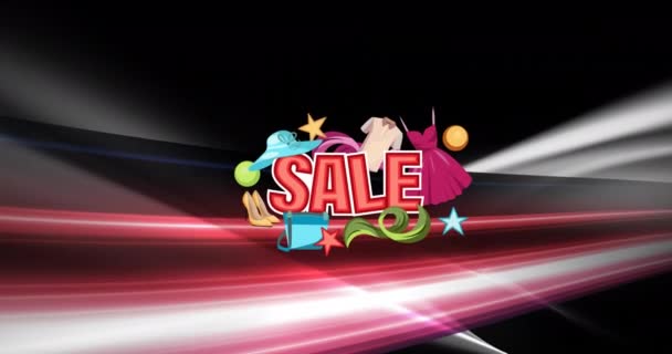 Animation Sale Text Banner Shopping Icons Pink Light Trails Black — Stock Video