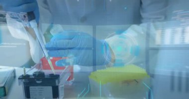 Veri işleme ve tarama animasyonları beyaz bilim adamlarının örnek almaları üzerine. Küresel bilim ve dijital arayüz kavramı dijital olarak oluşturulmuş video.